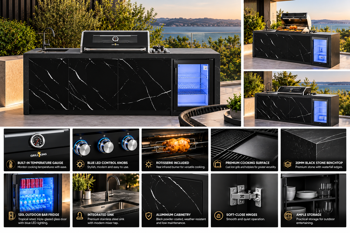 Grill King Rockpool Summit 4 Burner Outdoor BBQ Kitchen – Black Stone, Fridge & Sink