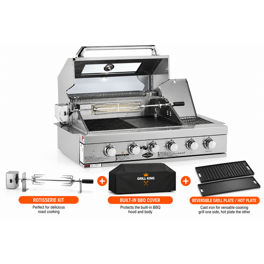 Grill King 4 Burner + Wok Built-In BBQ – Black 304 Stainless Steel