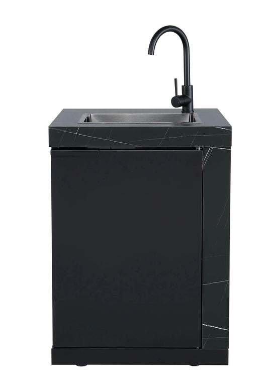 Single Sink Module Suits Rockpool Black BBQ Kitchen Package Inc Stone Finishes, Aluminum Powder coated Cabinets, Tap, Waste, Hose, Castor Wheels RHS Waterfall Edge