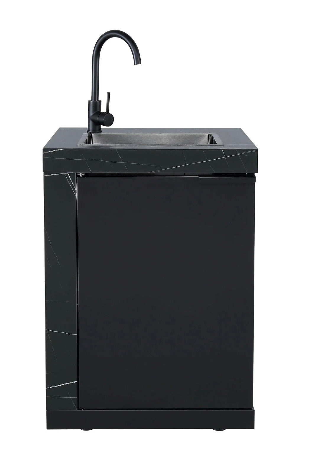 Single Sink Module Suits Rockpool Black BBQ Kitchen Package Inc Stone Finishes, Aluminum Powder coated Cabinets, Tap, Waste, Hose, Castor Wheels RHS Waterfall Edge