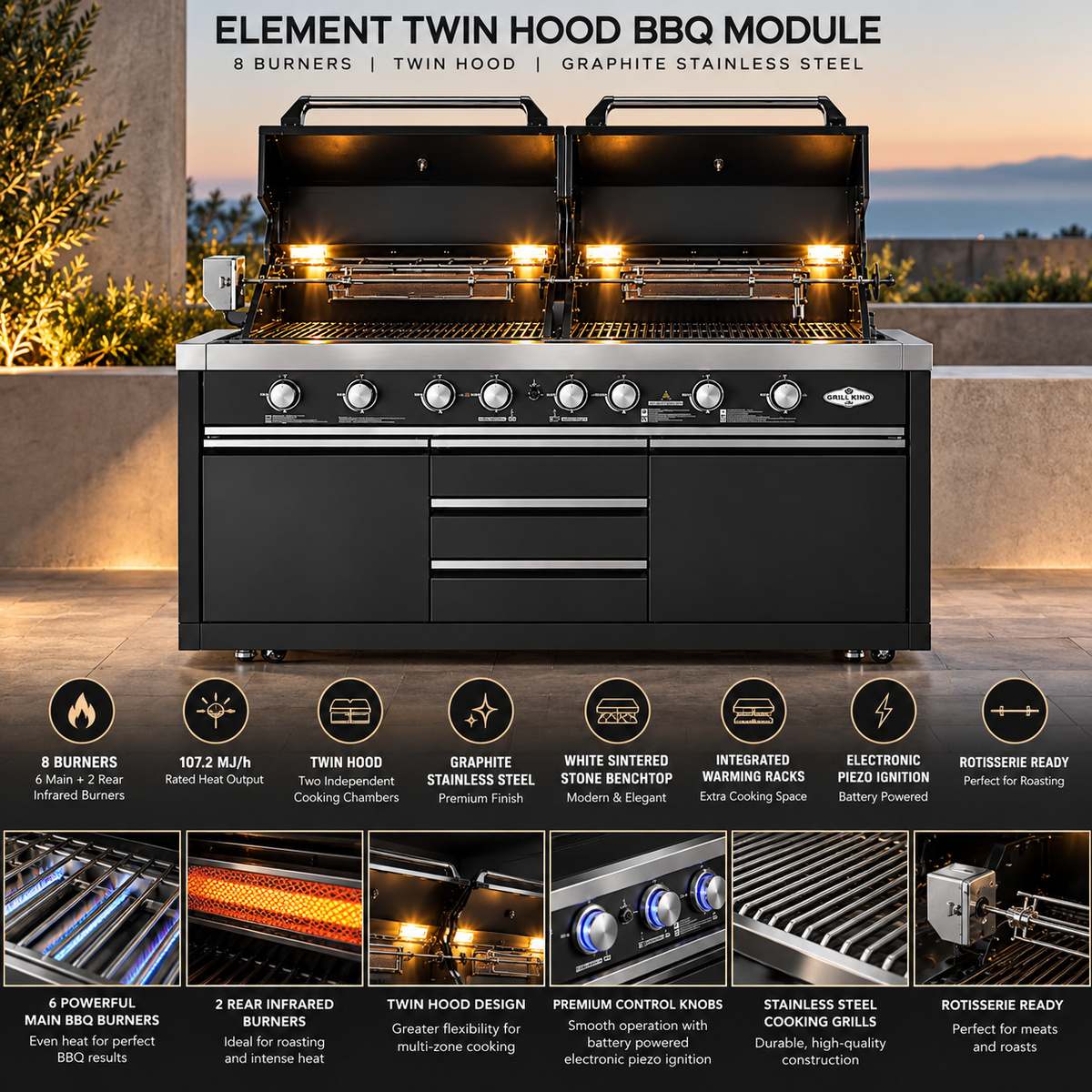 Grill King Element Twin Hood 8 Burner Outdoor BBQ Kitchen – Graphite Stainless Steel & White Sintered Stone