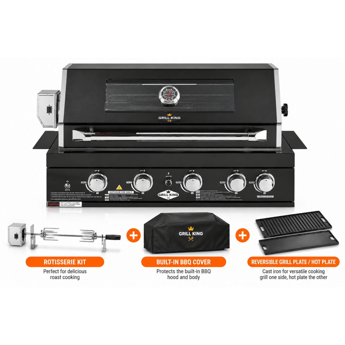 Grill King 4 Burner Built-In BBQ with Rear Infrared Burner – Black 304 Stainless Steel & Blue LED Knobs