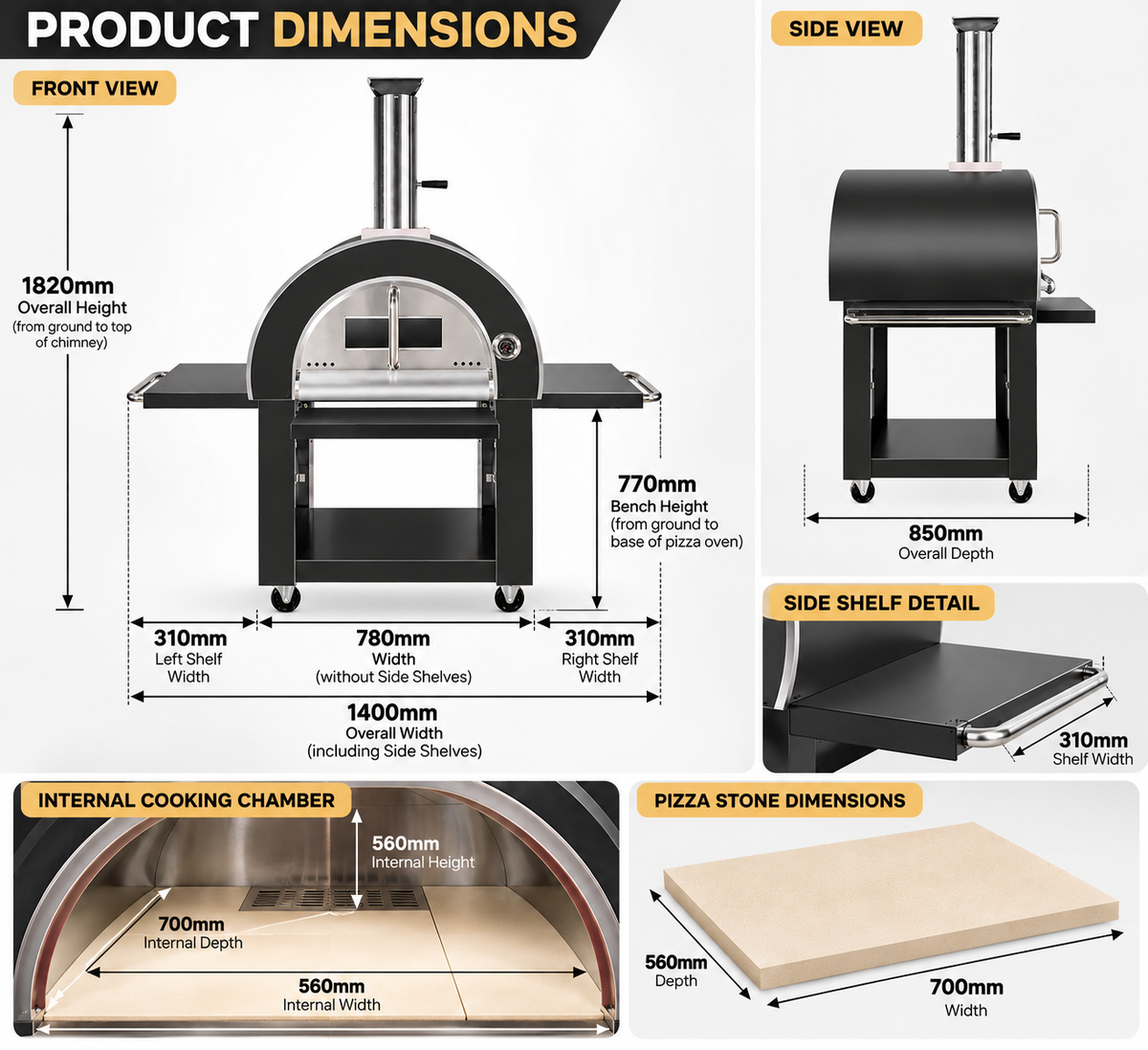 Grill King Outdoor Charcoal Pizza Oven – Black Stainless Steel | Wood-Fired Pizza Oven with Trolley