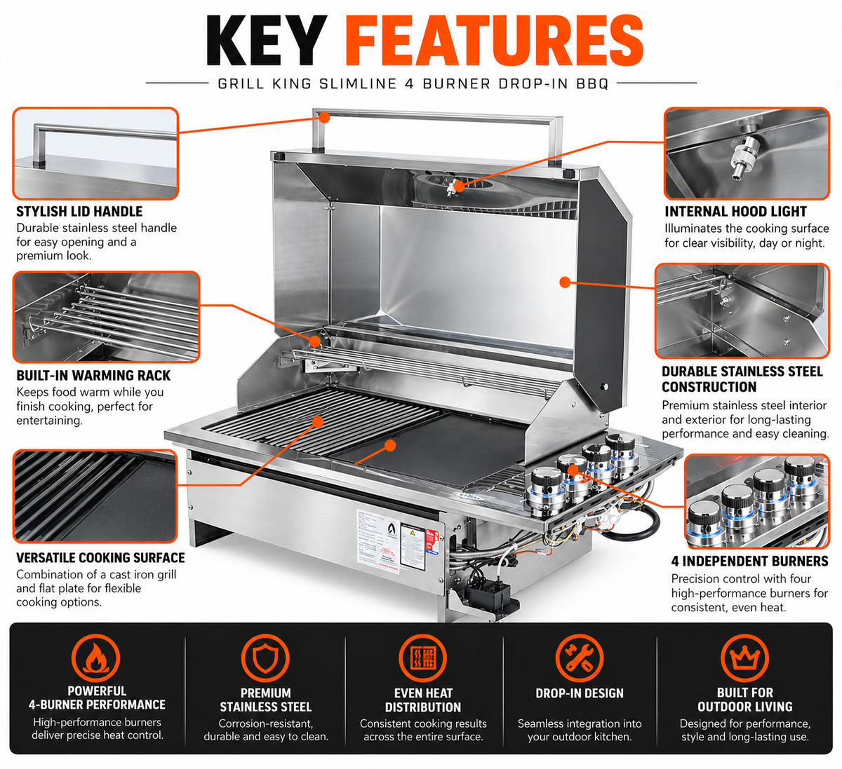 Grill King Slimline 4 Burner Drop-In BBQ – Silver Stainless Steel