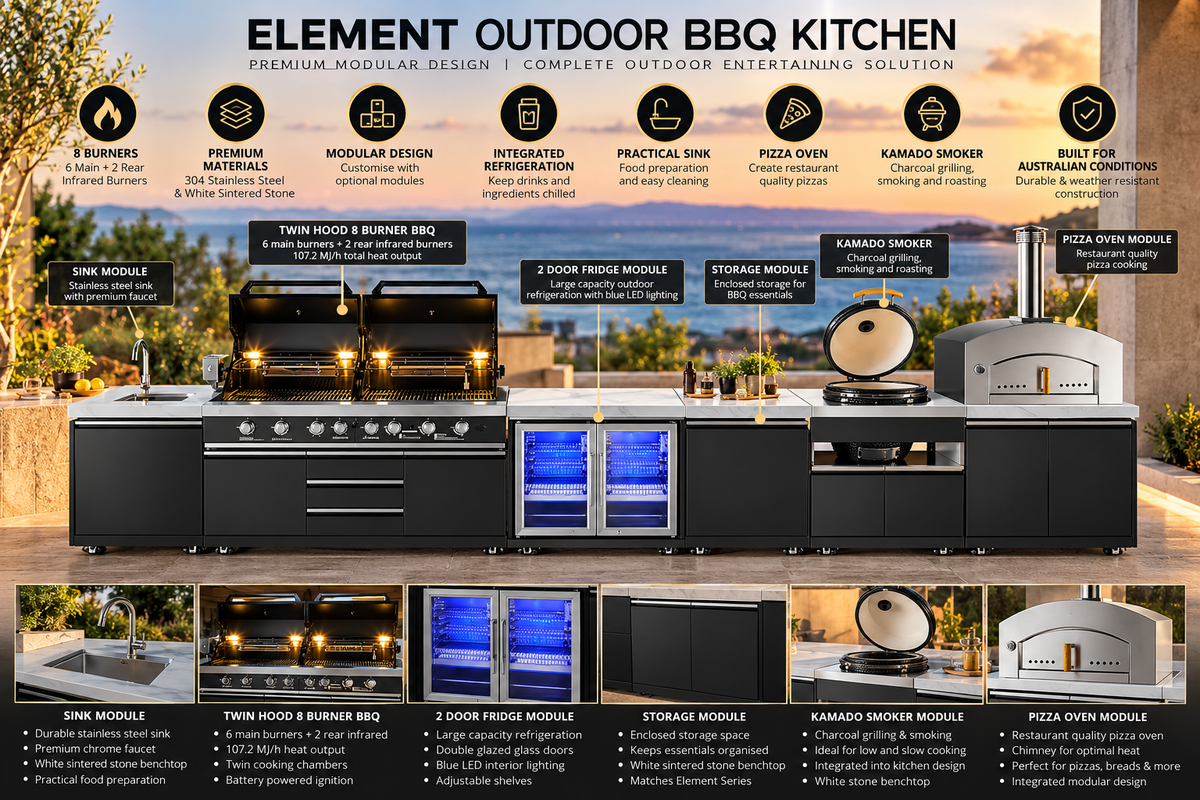 Grill King Element Twin Hood 8 Burner Outdoor BBQ Kitchen – Graphite Stainless Steel & White Sintered Stone