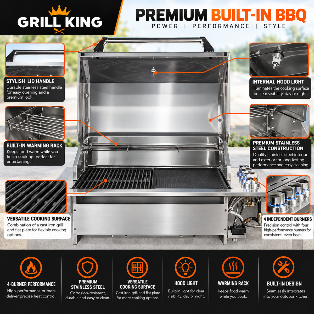 Grill King Slimline 4 Burner Drop-In BBQ – Silver Stainless Steel