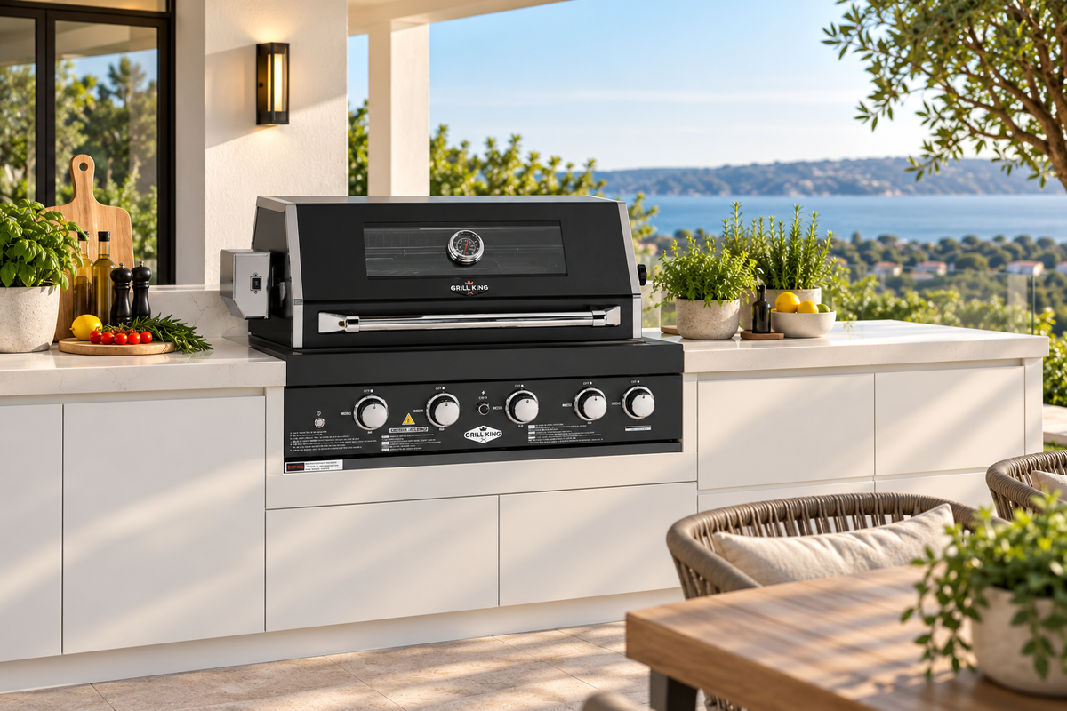 Grill King 4 Burner Built-In BBQ with Rear Infrared Burner – Black 304 Stainless Steel & Blue LED Knobs
