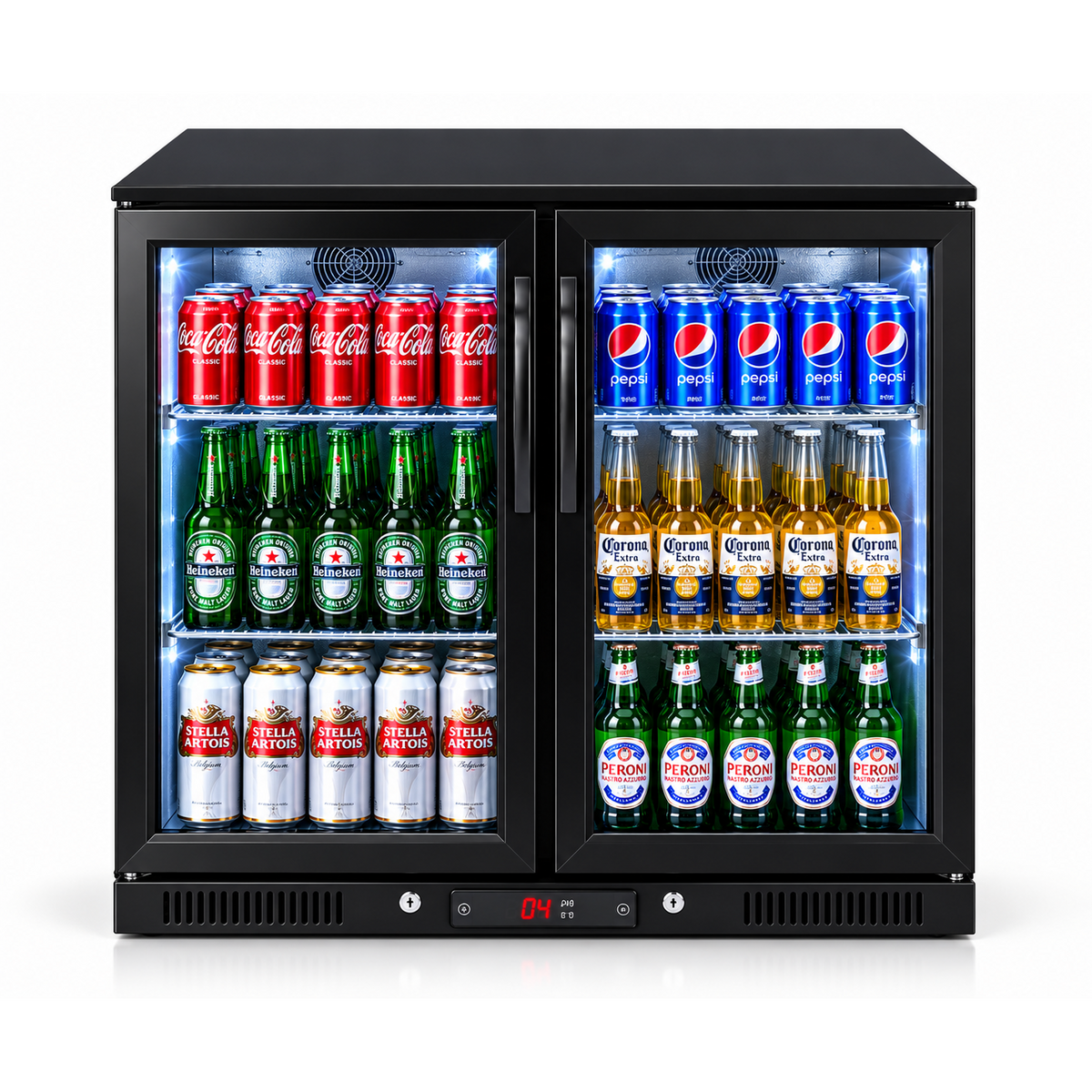 Bar Fridge King 208L Double Door Bar Fridge – Black Stainless Steel, Triple-Glazed Glass & Digital Temperature Control