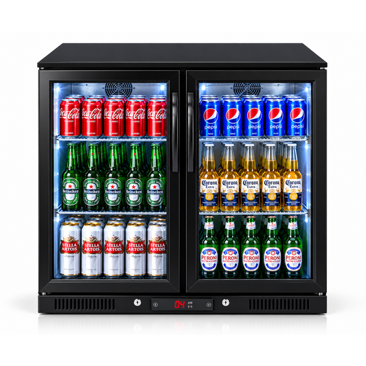 Bar Fridge King 208L Double Door Bar Fridge – Black Stainless Steel, Triple-Glazed Glass & Digital Temperature Control