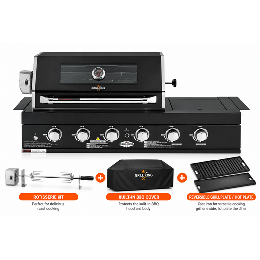 4 Burner + Wok Built In BBQ With Rear Infrared Burner | Black 304 Stainless Steel, Blue LED Knobs