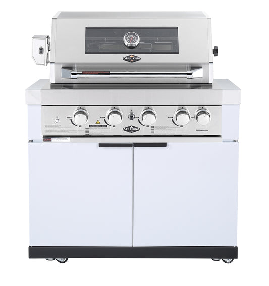 4B BBQ Package in Rockpool White, White Cabinetry Inc Storage Cupboards, Height Adjustable Legs, Castors, Rear Infrared Burner