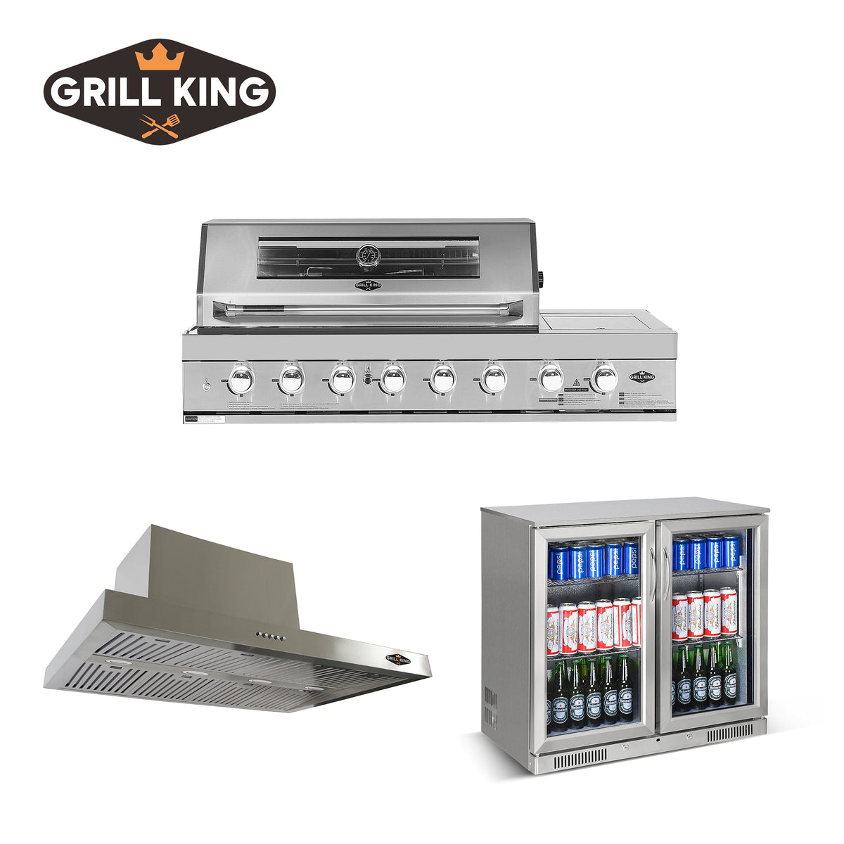 Grill King 6 Burner Stainless Steel BBQ Bundle – 208L Double Door Bar Fridge & 150cm Rangehood