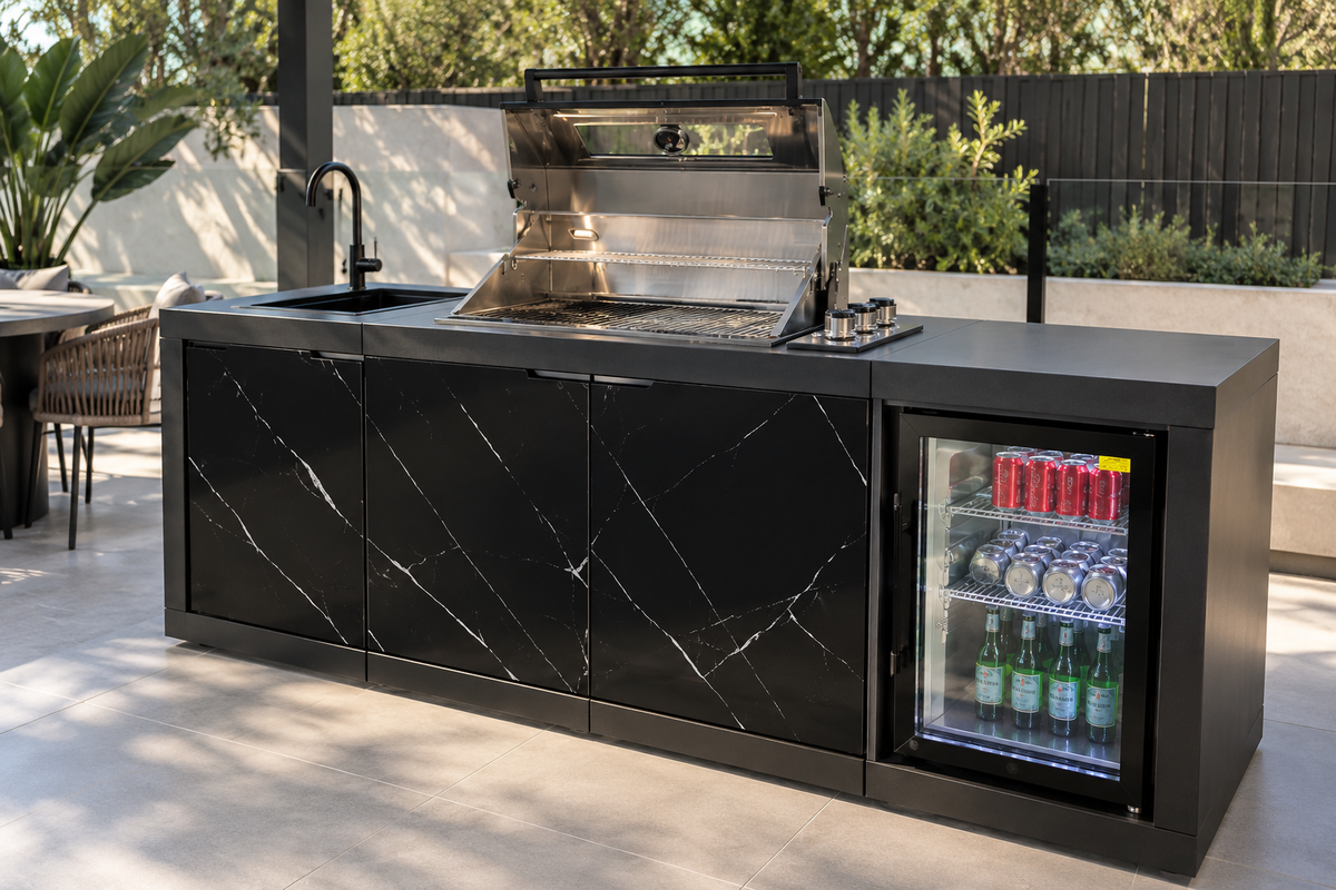 Grill King Rockpool Summit 4 Burner Outdoor BBQ Kitchen – Black Stone, Fridge & Sink