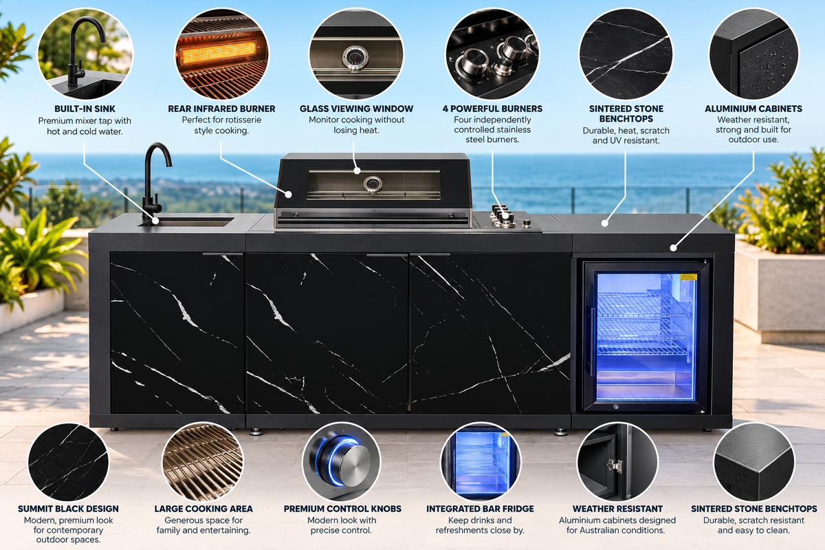 Grill King Rockpool Summit 4 Burner Outdoor BBQ Kitchen – Black Stone, Fridge & Sink