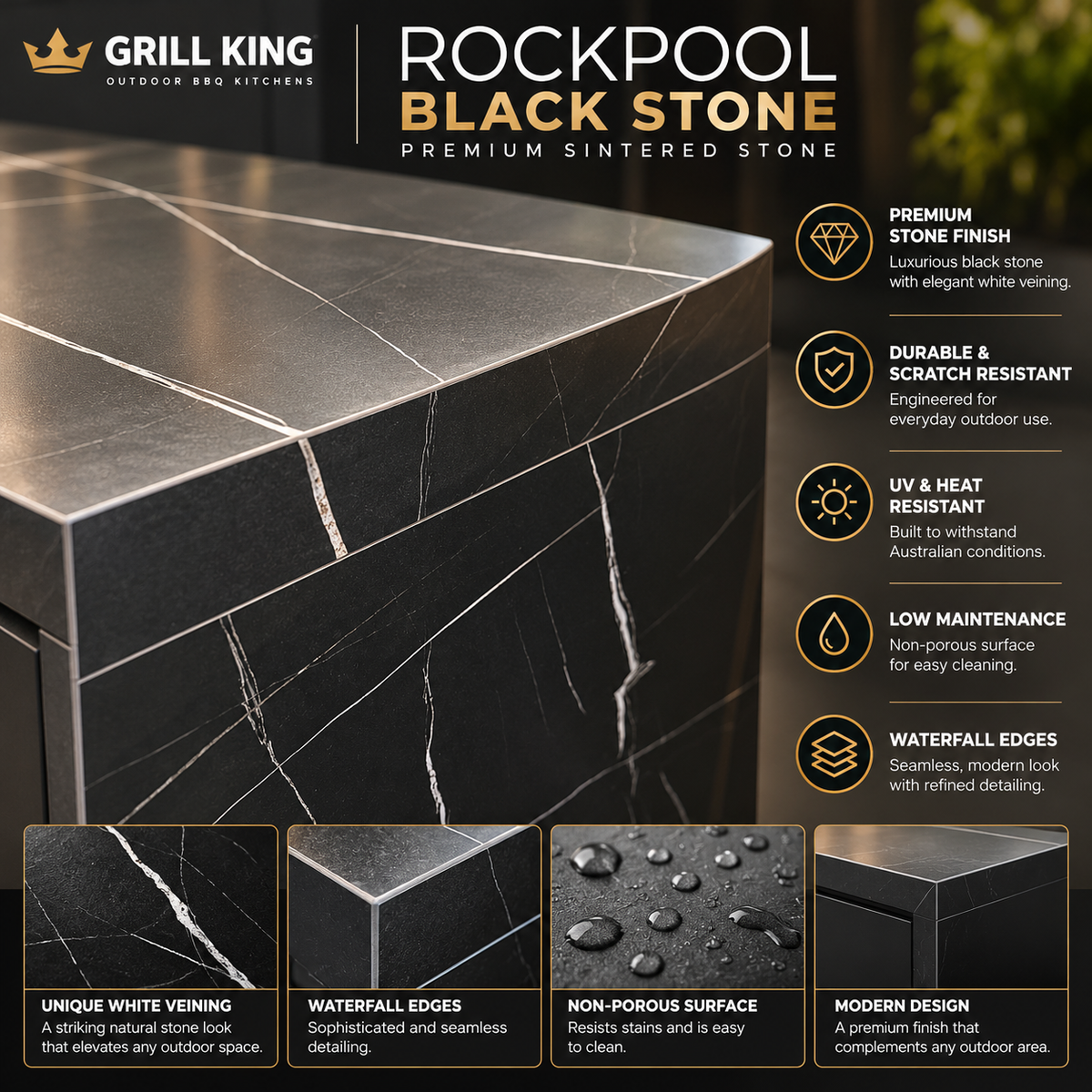 Rockpool Black sintered stone finish – white veining and waterfall-edge feature details