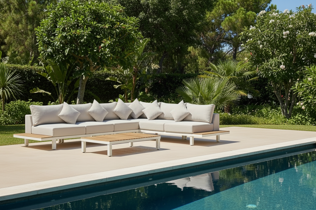 ARI Ralph White Hampton Corner Set - Outdoor Aluminium & Acacia Modular Corner Lounge White Aluminium Whether Resistant White Fabric White