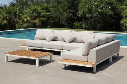 test rey 1 ARI Ralph White Hampton Corner Set - Outdoor Aluminium & Acacia Modular Corner Lounge White Aluminium Whether Resistant White Fabric White