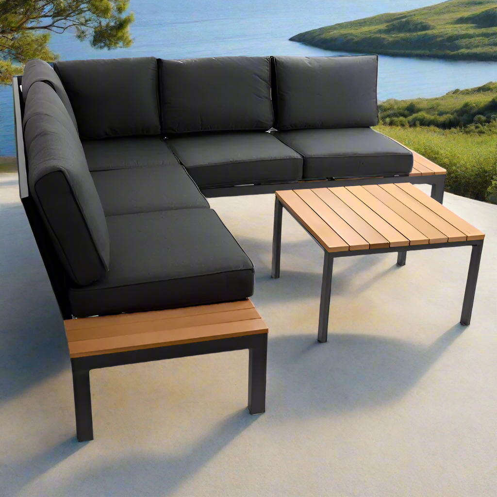 Outdoor Havana Package In Black - Outdoor Aluminium & Acacia Modular Corner Lounge Black Aluminium with Black Fabric