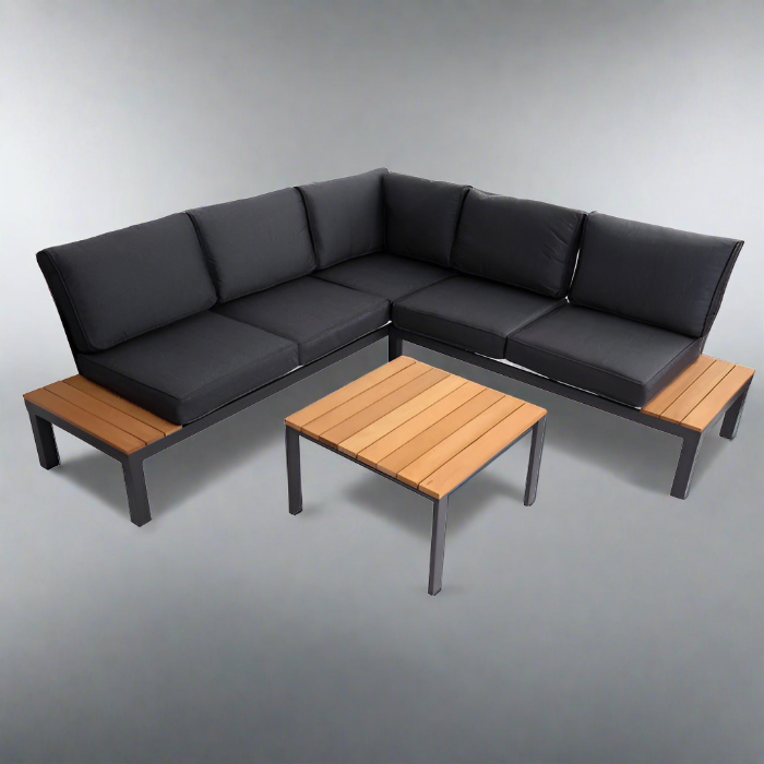 Outdoor Havana Package In Black - Outdoor Aluminium & Acacia Modular Corner Lounge Black Aluminium with Black Fabric