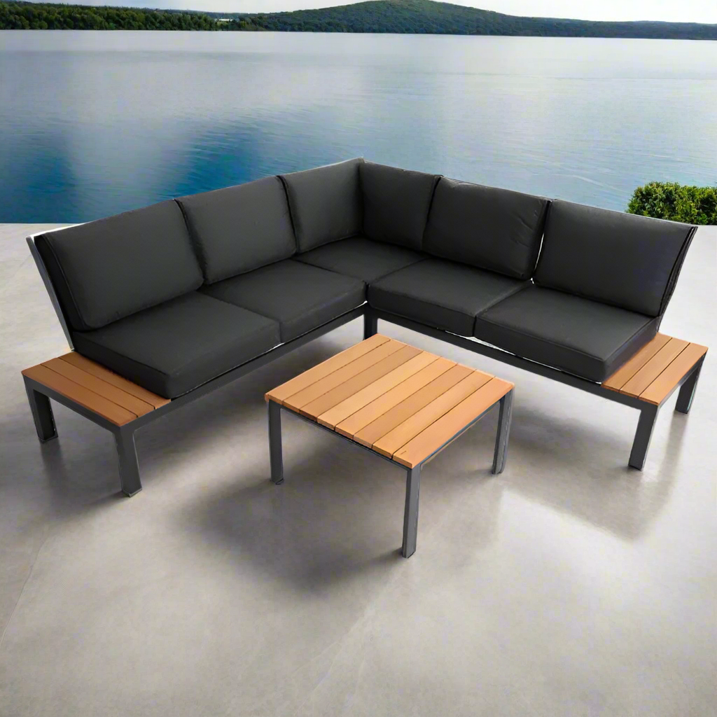 Outdoor Havana Package In Black - Outdoor Aluminum & Acacia Modular Corner Lounge Black Aluminium with Black Fabric