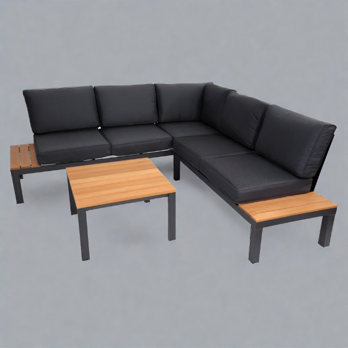 Outdoor Havana Package In Black - Outdoor Aluminium & Acacia Modular Corner Lounge Black Aluminium with Black Fabric