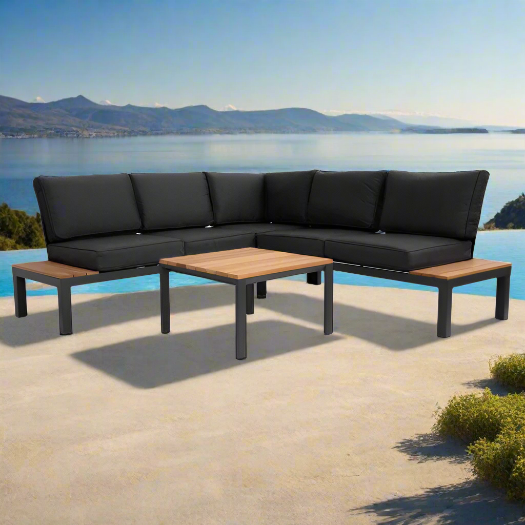 Outdoor Havana Package In Black - Outdoor Aluminium & Acacia Modular Corner Lounge Black Aluminium with Black Fabric