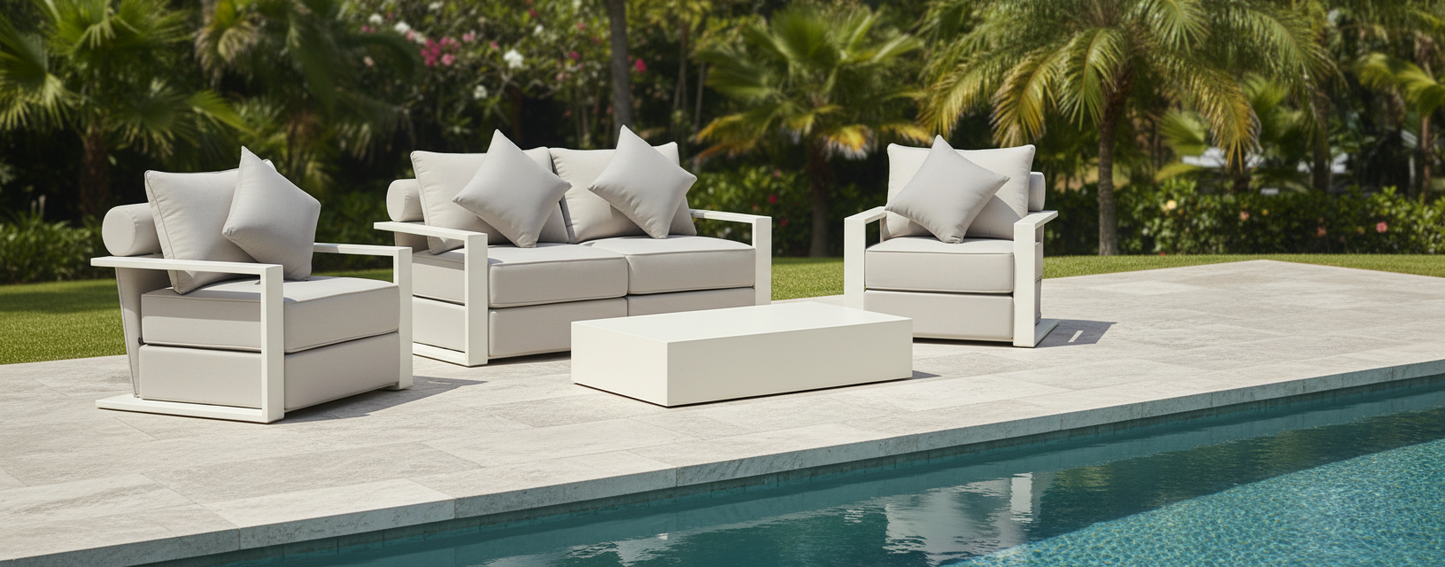 White Hampton Style Lounge Set Inc 2+1+1, Coffee Table Aluminium Frame and Weather Resistant Fabric