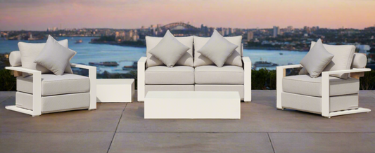 White Hampton Style Lounge Set Inc 2+1+1, Coffee Table Aluminium Frame and Weather Resistant Fabric