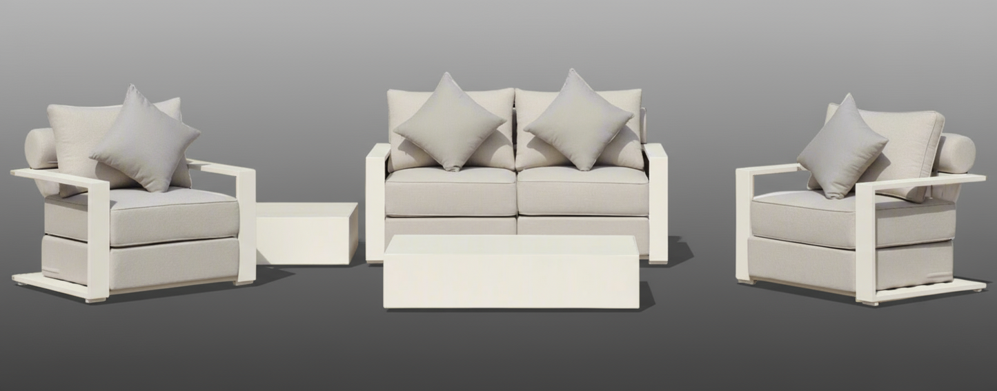 White Hampton Style Lounge Set Inc 2+1+1, Coffee Table Aluminium Frame and Weather Resistant Fabric