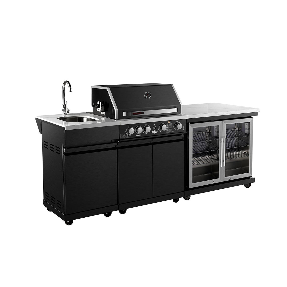 Grill King Element 4B High Grade 304 SS Outdoor BBQ Kitchen + White Stone Bench, Fridge & Sink