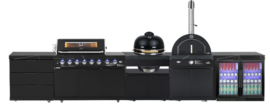 Ultimate BBQ Package Inc Rockpool 6 Burner + Wok BBQ, Smoker Kamado, Gas Pizza Oven, 2DR Fridge & Draw Unit