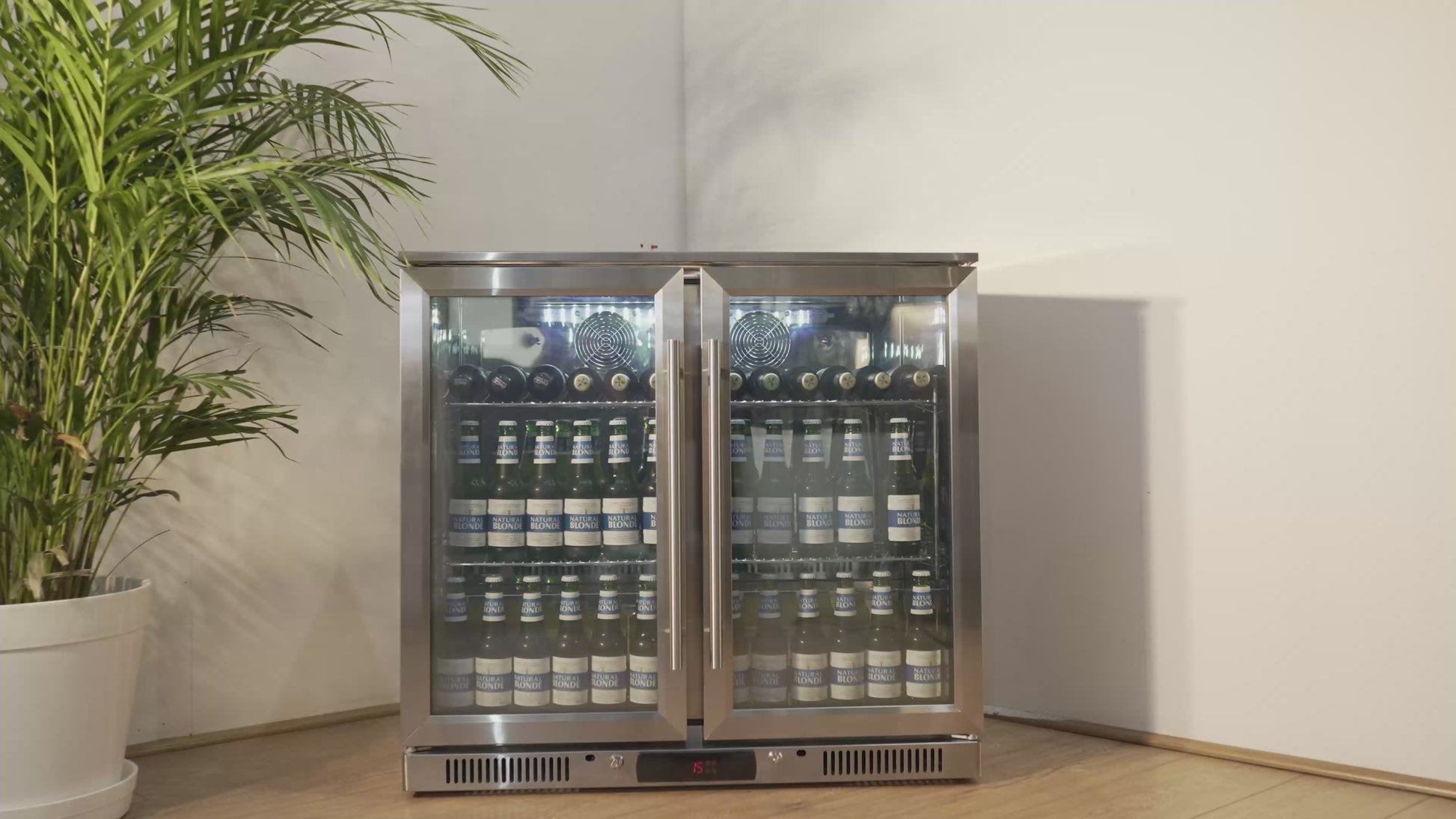 Tropical Rated Triple Glazed 304 SS 2-Door Stainless Steel Under Counter Can Cooler Wine Bar Fridge 208L