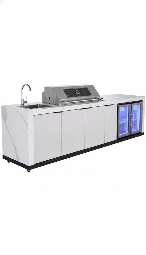 Rockpool 6B Drop In BBQ Kitchen Package Inc sintered stone benchtops, Aluminium Cabinets, Weather Resistant, 2 door Fridge & 1 Door Sink