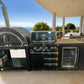 Floor Stock Black 304SS 4 Burner BBQ Kitchen + Fridge & Sink Combo + 30" Woodfire Pizza Oven
