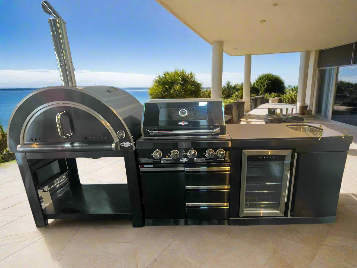 Floor Stock Black 304SS 4 Burner BBQ Kitchen + Fridge & Sink Combo + 30" Woodfire Pizza Oven