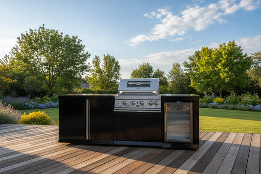 Floor Stock 4-Burner SS Built-In BBQ Outdoor with Double Sink + Single Fridge