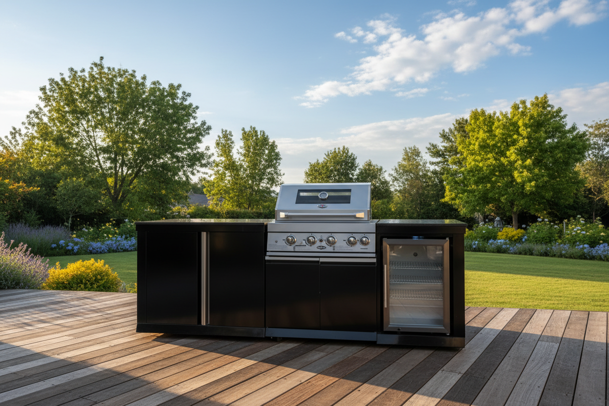Floor Stock 4-Burner SS Built-In BBQ Outdoor with Double Sink + Single Fridge