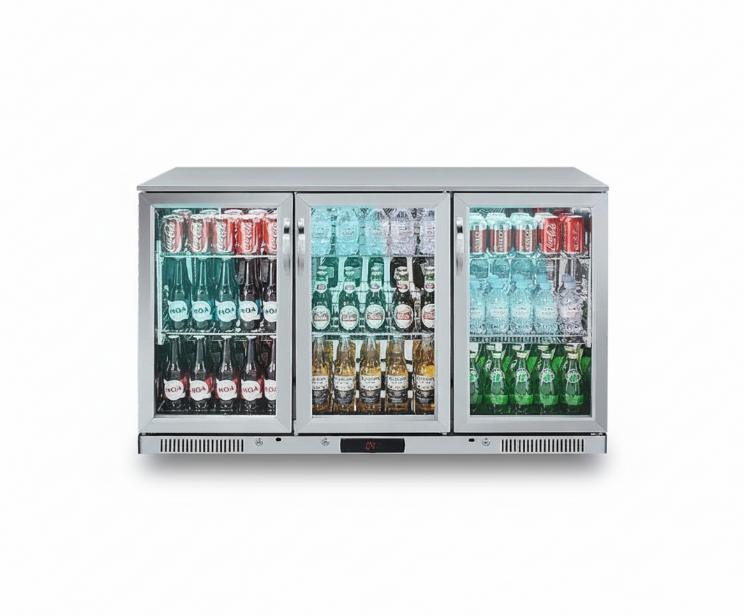 Tropical Rated Triple Glazed 3-Door Commercial Glass Bar Fridge Beer Cooler Under Counter Wine Fridge 318L