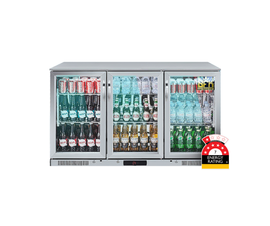 Tropical Rated Triple Glazed 3-Door Commercial Glass Bar Fridge Beer Cooler Under Counter Wine Fridge 318L