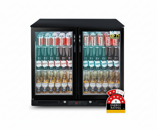Tropical Rated Triple Glazed 208L Double Door Under-bench Commercial Bar Wine Fridge Drinks Chiller in Black