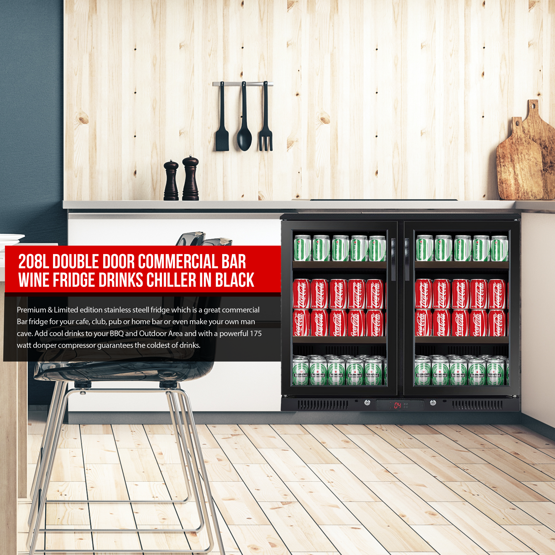 Tropical Rated Triple Glazed 208L Double Door Under-bench Commercial Bar Wine Fridge Drinks Chiller in Black