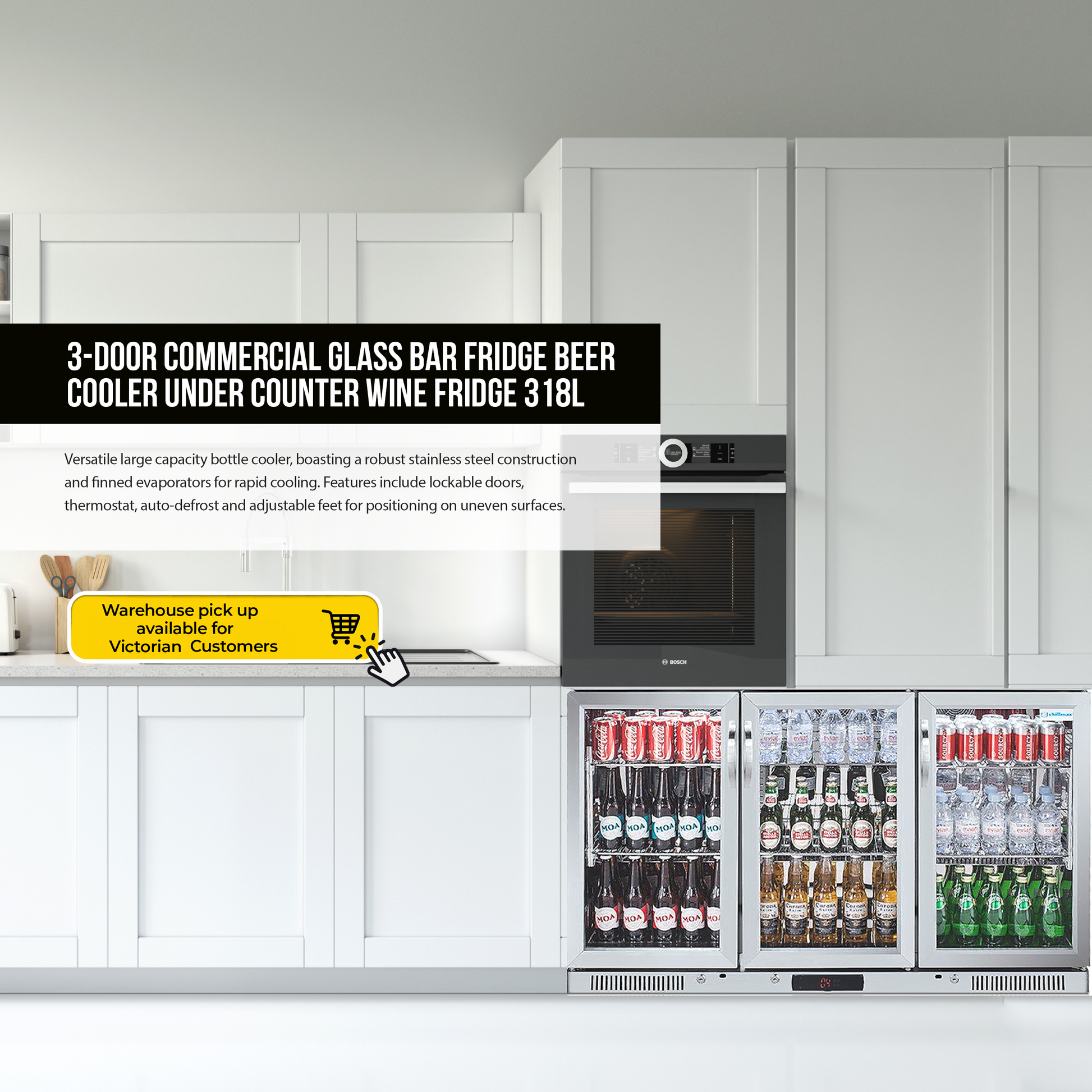 Tropical Rated Triple Glazed 3-Door Commercial Glass Bar Fridge Beer Cooler Under Counter Wine Fridge 318L