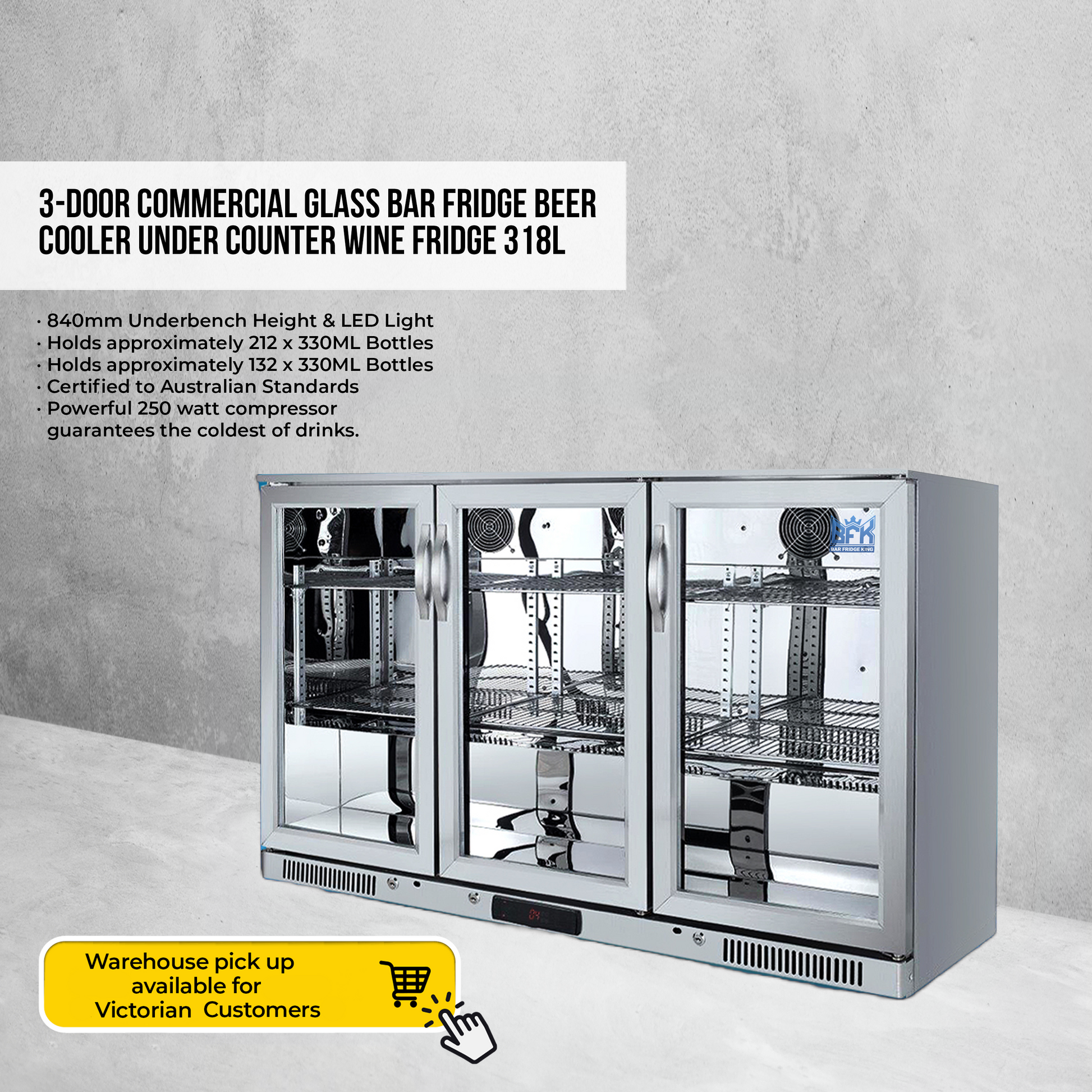 Tropical Rated Triple Glazed 3-Door Commercial Glass Bar Fridge Beer Cooler Under Counter Wine Fridge 318L