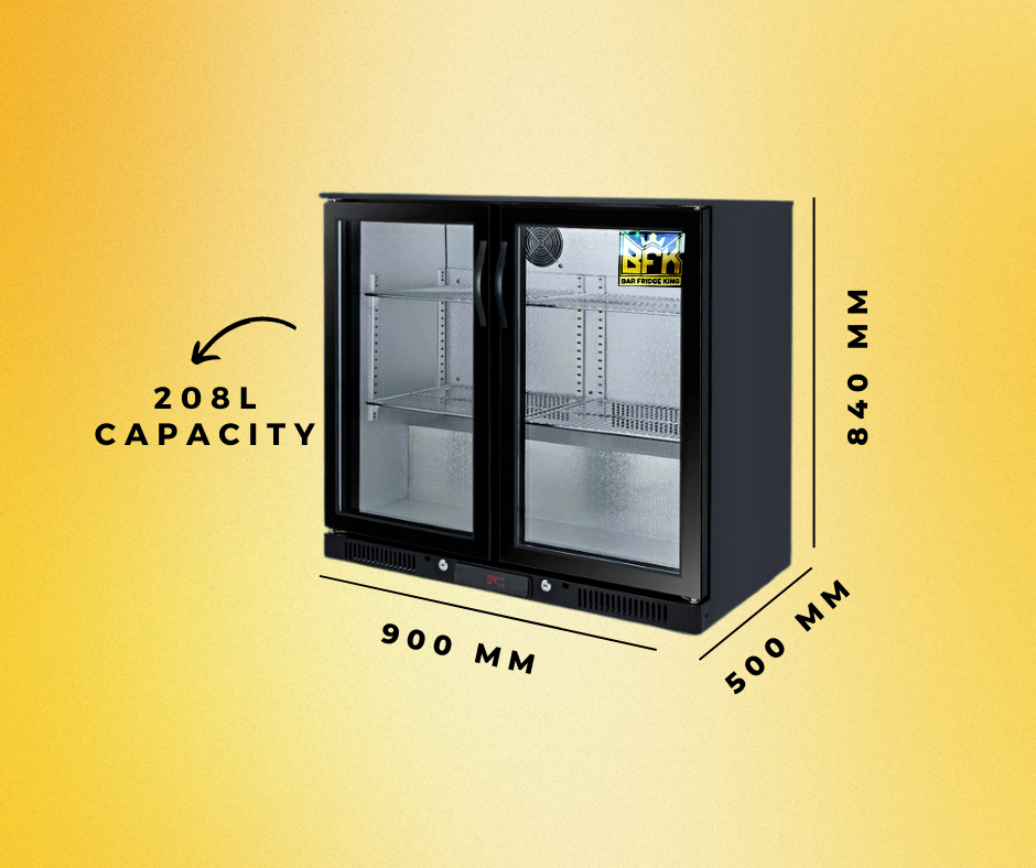 Tropical Rated Triple Glazed 208L Double Door Under-bench Commercial Bar Wine Fridge Drinks Chiller in Black