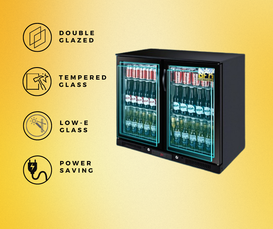 Tropical Rated Triple Glazed 208L Double Door Under-bench Commercial Bar Wine Fridge Drinks Chiller in Black