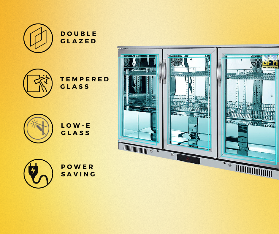 Tropical Rated Triple Glazed 3-Door Commercial Glass Bar Fridge Beer Cooler Under Counter Wine Fridge 318L