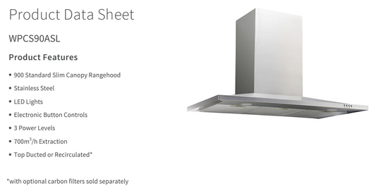 90cm Slimline Canopy Range Hood With On-Board Motor in S/Steel