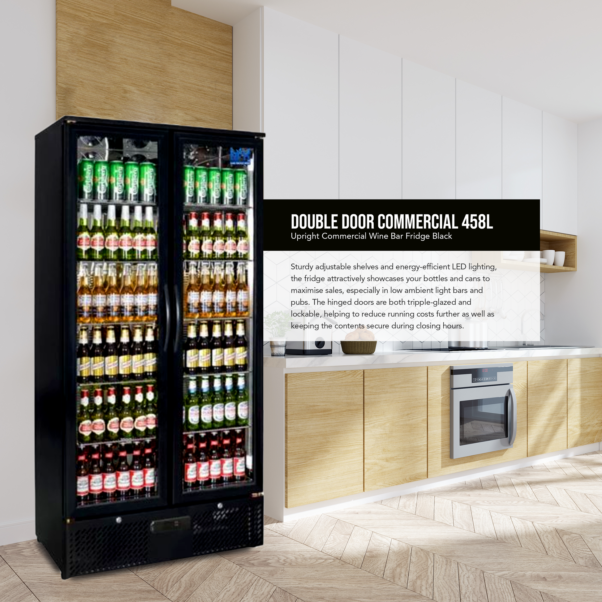 Floor Stock 458L Tropical Rated Triple Glazed Double Door Commercial 458ltr Upright Wine Bar Fridge Black