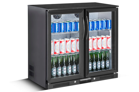 Tropical Rated Triple Glazed 208L Double Door Under-bench Commercial Bar Wine Fridge Drinks Chiller in Black