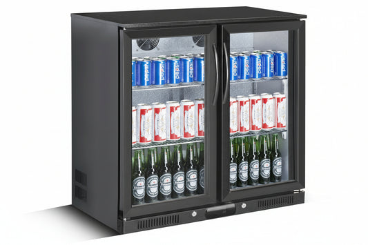 Tropical Rated Triple Glazed 208L Double Door Under-bench Commercial Bar Wine Fridge Drinks Chiller in Black
